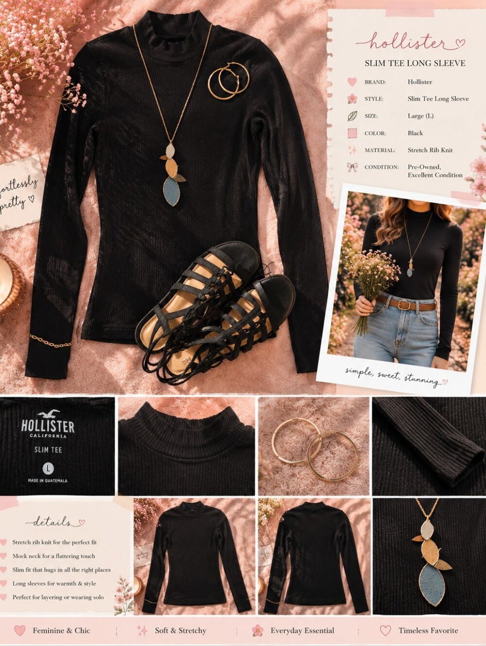 Hollister Black Ribbed Mock Neck Long Sleeve Top